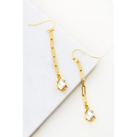 Gold Chain Teardrop Stone Linear Dangle Earrings - Picture 4 of 6